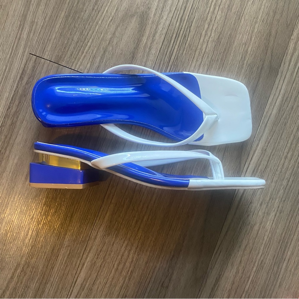 Square-Toe Blue and White Sandals